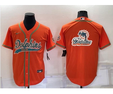 Men's Miami Dolphins Orange Team Big Logo With Patch Cool Base Stitched Baseball Jersey