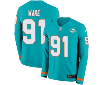 Nike Dolphins #91 Cameron Wake Aqua Green Team Color Men's Stitched NFL Limited Therma Long Sleeve Jersey