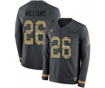 Browns #26 Greedy Williams Anthracite Salute to Service Men's Stitched Football Limited Therma Long Sleeve Jersey