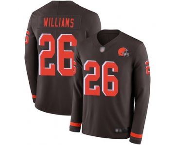 Browns #26 Greedy Williams Brown Team Color Men's Stitched Football Limited Therma Long Sleeve Jersey