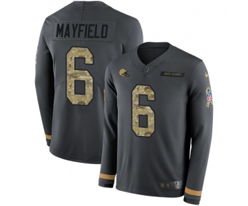 Nike Browns #6 Baker Mayfield Anthracite Salute to Service Men's Stitched NFL Limited Therma Long Sleeve Jersey