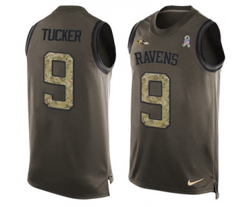 Men's Baltimore Ravens #9 Justin Tucker Green Salute to Service Hot Pressing Player Name & Number Nike NFL Tank Top Jersey
