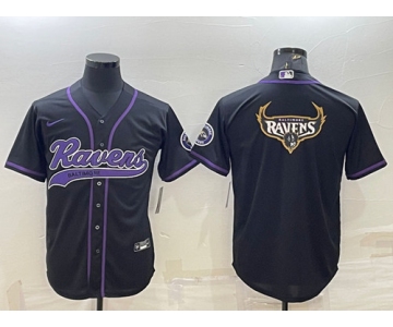 Men's Baltimore Ravens Black Team Big Logo With Patch Cool Base Stitched Baseball Jersey