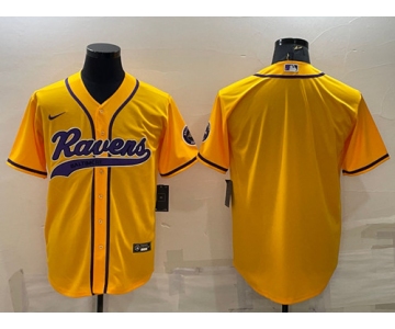 Men's Baltimore Ravens Blank Yellow With Patch Cool Base Stitched Baseball Jersey