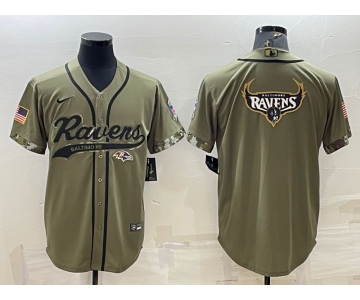 Men's Baltimore Ravens Olive Salute to Service Team Big Logo Cool Base Stitched Baseball Jersey