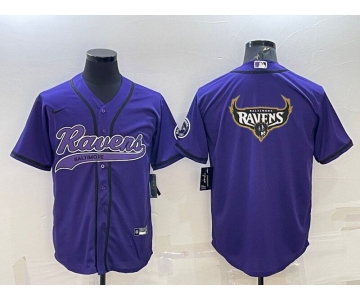 Men's Baltimore Ravens Purple Team Big Logo With Patch Cool Base Stitched Baseball Jersey