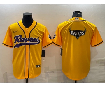 Men's Baltimore Ravens Yellow Team Big Logo With Patch Cool Base Stitched Baseball Jersey