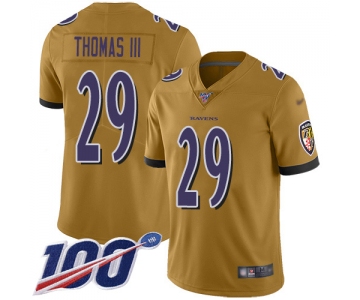 Nike Ravens #29 Earl Thomas III Gold Men's Stitched NFL Limited Inverted Legend 100th Season Jersey