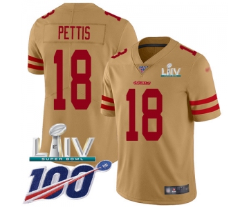 Nike 49ers #18 Dante Pettis Gold Super Bowl LIV 2020 Youth Stitched NFL Limited Inverted Legend 100th Season Jersey