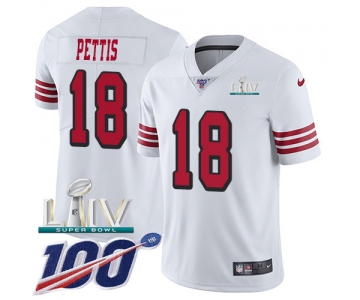 Nike 49ers #18 Dante Pettis White Super Bowl LIV 2020 Rush Youth Stitched NFL Limited 100th Season Jersey