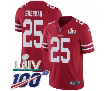 Nike 49ers #25 Richard Sherman Red Super Bowl LIV 2020 Team Color Youth Stitched NFL 100th Season Vapor Limited Jersey
