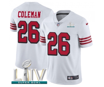 Nike 49ers #26 Tevin Coleman White Super Bowl LIV 2020 Rush Youth Stitched NFL Vapor Untouchable Limited Jersey