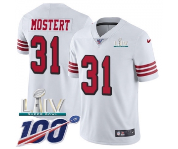 Nike 49ers #31 Raheem Mostert White Super Bowl LIV 2020 Youth Stitched NFL Limited Rush 100th Season Jersey