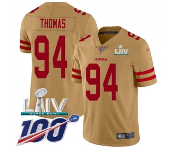 Nike 49ers #94 Solomon Thomas Gold Super Bowl LIV 2020 Youth Stitched NFL Limited Inverted Legend 100th Season Jersey