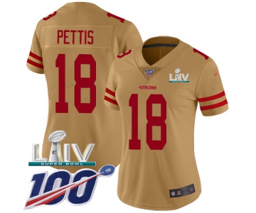 Nike 49ers #18 Dante Pettis Gold Super Bowl LIV 2020 Women's Stitched NFL Limited Inverted Legend 100th Season Jersey