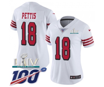 Nike 49ers #18 Dante Pettis White Super Bowl LIV 2020 Rush Women's Stitched NFL Limited 100th Season Jersey