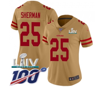 Nike 49ers #25 Richard Sherman Gold Super Bowl LIV 2020 Women's Stitched NFL Limited Inverted Legend 100th Season Jersey