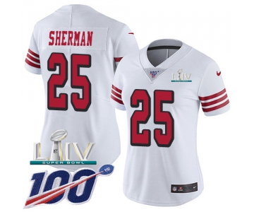 Nike 49ers #25 Richard Sherman White Super Bowl LIV 2020 Rush Women's Stitched NFL Limited 100th Season Jersey