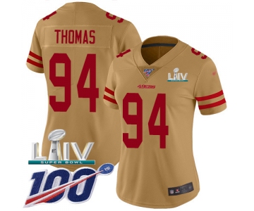 Nike 49ers #94 Solomon Thomas Gold Super Bowl LIV 2020 Women's Stitched NFL Limited Inverted Legend 100th Season Jersey