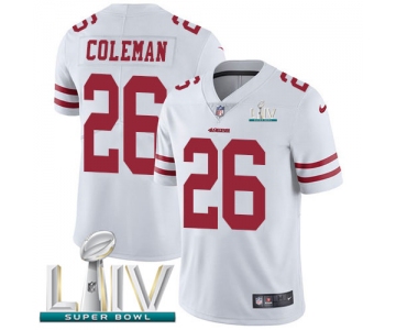 Nike 49ers #26 Tevin Coleman White Super Bowl LIV 2020 Men's Stitched NFL Vapor Untouchable Limited Jersey