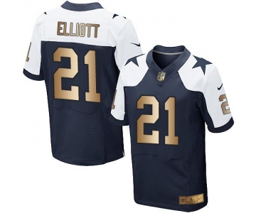 Nike Cowboys #21 Ezekiel Elliott Navy Blue Thanksgiving Throwback Men's Stitched NFL Elite Gold Jersey