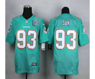 Men's Miami Dolphins #93 Ndamukong Suh Aqua Green Team Color 2015 NFL 50th Patch Nike Elite Jersey