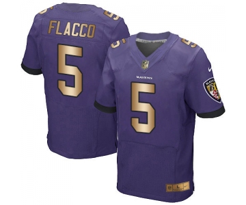 Nike Ravens #5 Joe Flacco Purple Team Color Men's Stitched NFL New Elite Gold Jersey