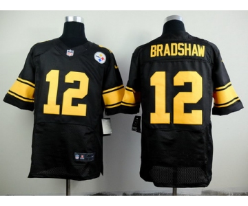 Nike Pittsburgh Steelers #12 Terry Bradshaw Black With Yellow Elite Jersey