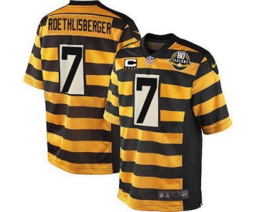 Nike Pittsburgh Steelers #7 Ben Roethlisberger Yellow With Black Throwback 80TH C Patch Jersey