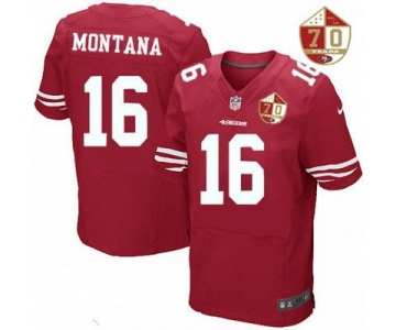 Men's San Francisco 49ers #16 Joe Montana Scarlet Red 70th Anniversary Patch Stitched NFL Nike Elite Jersey