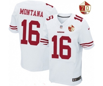 Men's San Francisco 49ers #16 Joe Montana White 70th Anniversary Patch Stitched NFL Nike Elite Jersey