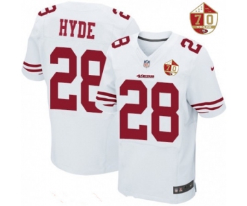 Men's San Francisco 49ers #28 Carlos Hyde White 70th Anniversary Patch Stitched NFL Nike Elite Jersey