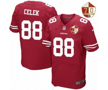 Men's San Francisco 49ers #88 Garrett Celek Scarlet Red 70th Anniversary Patch Stitched NFL Nike Elite Jersey