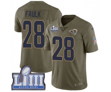 #28 Limited Marshall Faulk Olive Nike NFL Men's Jersey Los Angeles Rams 2017 Salute to Service Super Bowl LIII Bound