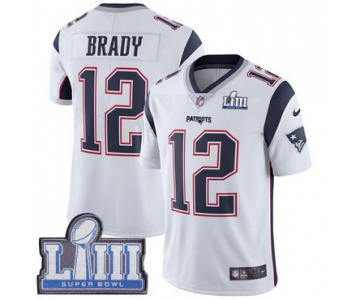 #12 Limited Tom Brady White Nike NFL Road Men's Jersey New England Patriots Vapor Untouchable Super Bowl LIII Bound
