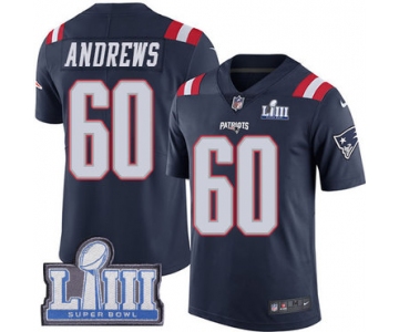 #60 Limited David Andrews Navy Blue Nike NFL Men's Jersey New England Patriots Rush Vapor Untouchable Super Bowl LIII Bound