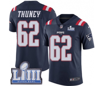 #62 Limited Joe Thuney Navy Blue Nike NFL Men's Jersey New England Patriots Rush Vapor Untouchable Super Bowl LIII Bound