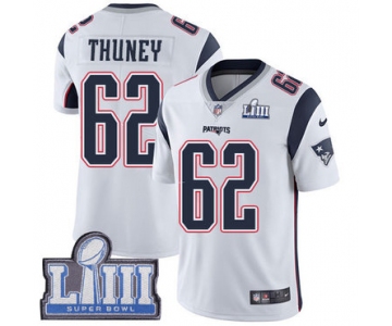 #62 Limited Joe Thuney White Nike NFL Road Men's Jersey New England Patriots Vapor Untouchable Super Bowl LIII Bound