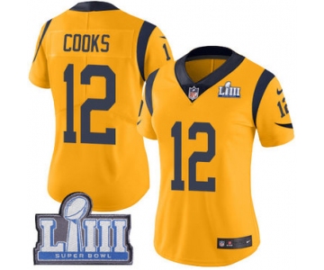 #12 Limited Brandin Cooks Gold Nike NFL Women's Jersey Los Angeles Rams Rush Vapor Untouchable Super Bowl LIII Bound