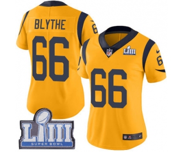 #66 Limited Austin Blythe Gold Nike NFL Women's Jersey Los Angeles Rams Rush Vapor Untouchable Super Bowl LIII Bound