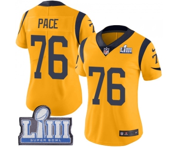 #76 Limited Orlando Pace Gold Nike NFL Women's Jersey Los Angeles Rams Rush Vapor Untouchable Super Bowl LIII Bound