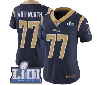 #77 Limited Andrew Whitworth Navy Blue Nike NFL Home Women's Jersey Los Angeles Rams Vapor Untouchable Super Bowl LIII Bound