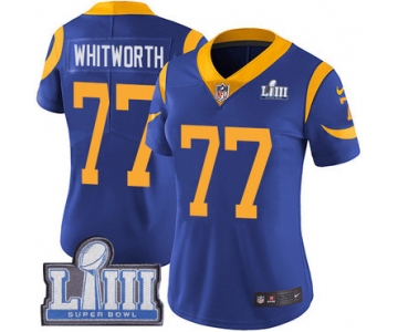 #77 Limited Andrew Whitworth Royal Blue Nike NFL Alternate Women's Jersey Los Angeles Rams Vapor Untouchable Super Bowl LIII Bound