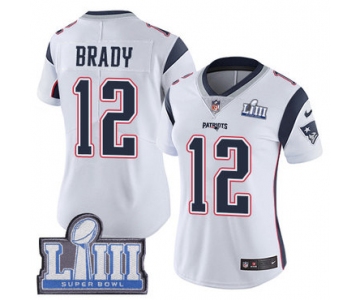 #12 Limited Tom Brady White Nike NFL Road Women's Jersey New England Patriots Vapor Untouchable Super Bowl LIII Bound