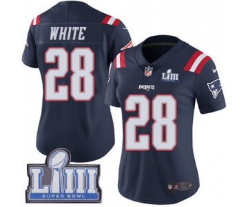 #28 Limited James White Navy Blue Nike NFL Women's Jersey New England Patriots Rush Vapor Untouchable Super Bowl LIII Bound