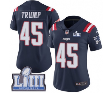 #45 Limited Donald Trump Navy Blue Nike NFL Women's Jersey New England Patriots Rush Vapor Untouchable Super Bowl LIII Bound