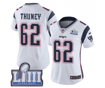 #62 Limited Joe Thuney White Nike NFL Road Women's Jersey New England Patriots Vapor Untouchable Super Bowl LIII Bound