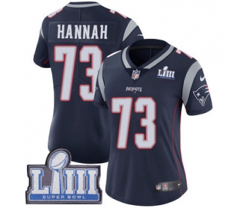 #73 Limited John Hannah Navy Blue Nike NFL Home Women's Jersey New England Patriots Vapor Untouchable Super Bowl LIII Bound