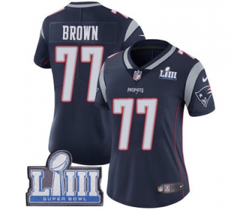 #77 Limited Trent Brown Navy Blue Nike NFL Home Women's Jersey New England Patriots Vapor Untouchable Super Bowl LIII Bound