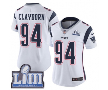 #94 Limited Adrian Clayborn White Nike NFL Road Women's Jersey New England Patriots Vapor Untouchable Super Bowl LIII Bound
